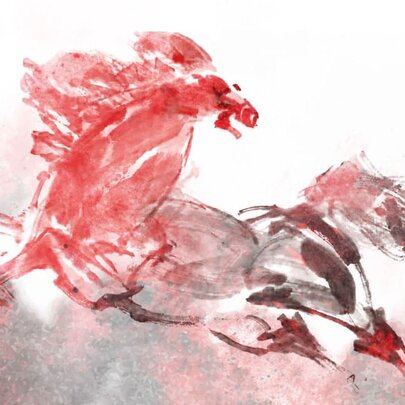 An expressive, dynamic ink painting capturing a powerful red horse sprinting dynamically toward the right.