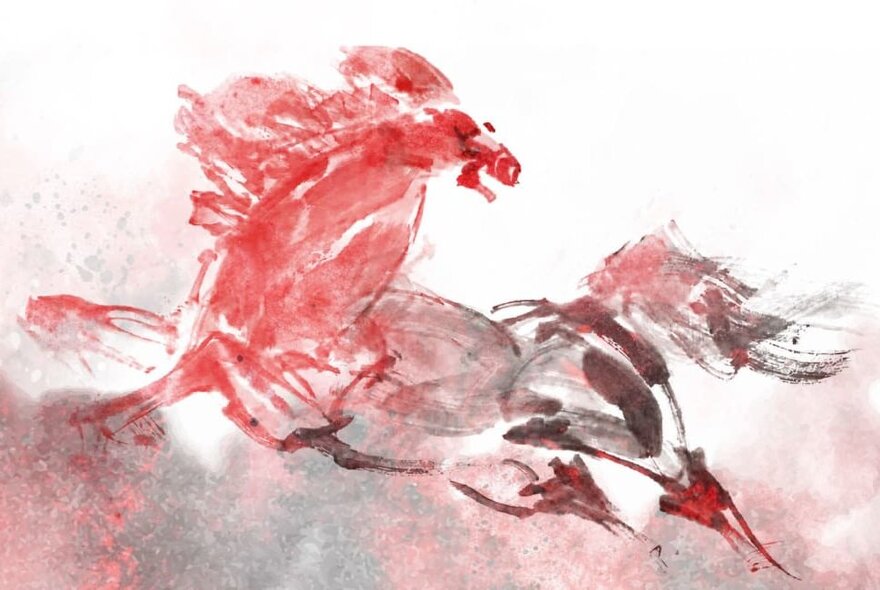 An expressive, dynamic ink painting capturing a powerful red horse sprinting dynamically toward the right.