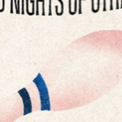 A print of a pink bowling pin with two blue stripes lying sideways.