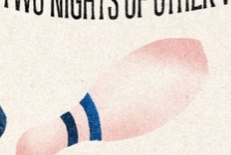 A print of a pink bowling pin with two blue stripes lying sideways.