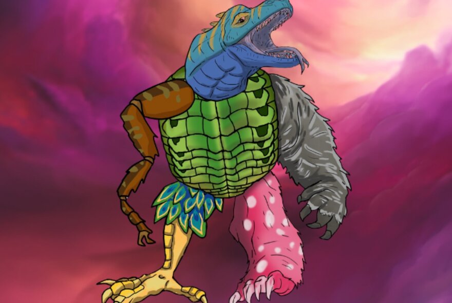 Indigenous story character with lizard features and ragged clothes.