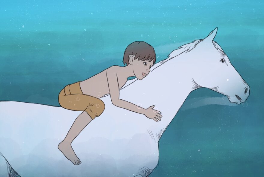 Animated still of a boy sitting on the back of a white horse and leaning his body against the horse's neck, set against an aqua coloured background.