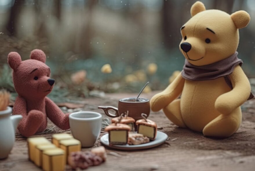 Models of Winnie the Pooh and Piglet having tea and cake in a woodland setting. 