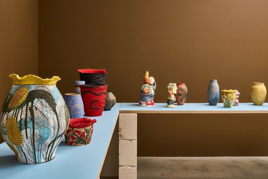 A selection of colorful contemporary ceramics and small sculptures on display at the gallery space at Craft.