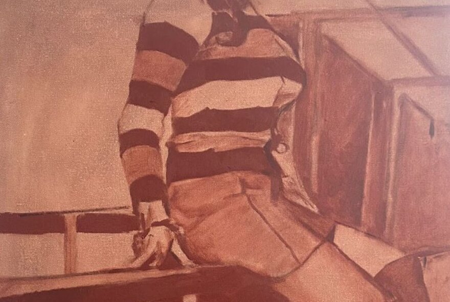 A drawing of a person wearing a striped jumper, and short skirt, sitting on a bench, in shades of brown.