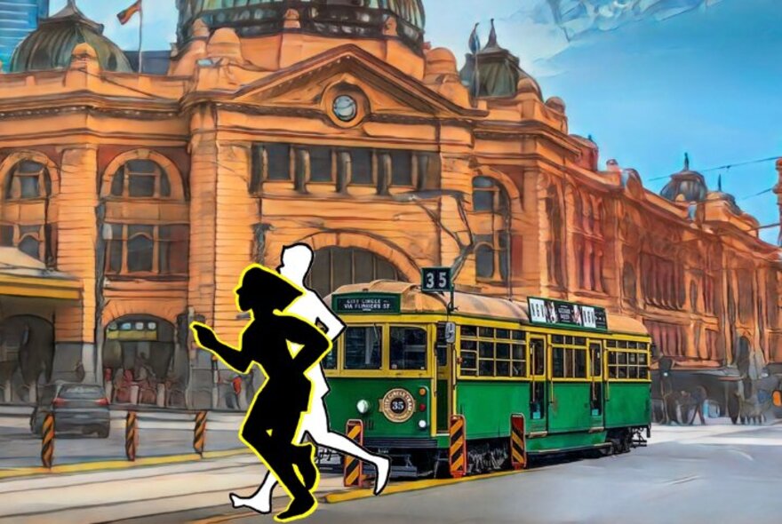 Image of joggers superimposed over image of vintage tram outside Flinders Street Station.