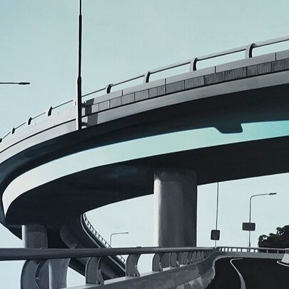 A realist painting of the sweep of a curved bridge with a road passing underneath; blue sky in the backgorund.