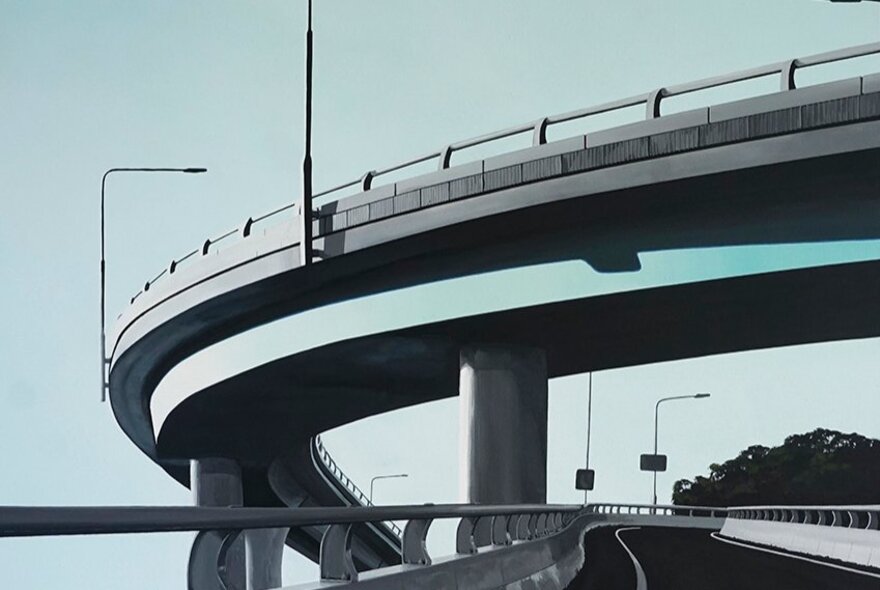 A realist painting of the sweep of a curved bridge with a road passing underneath; blue sky in the backgorund.