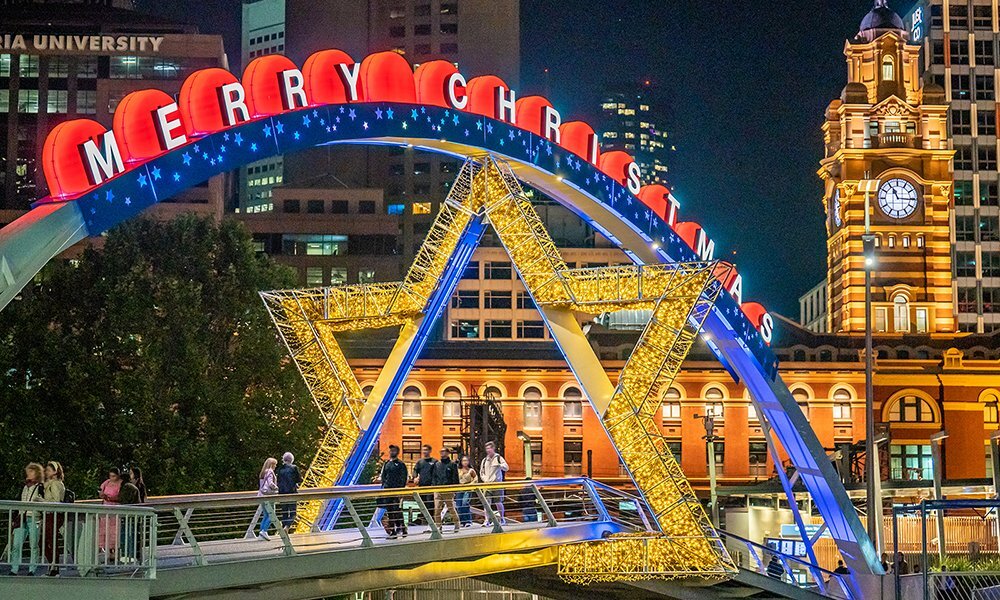 Holiday lights across Evan Walker Bridge.