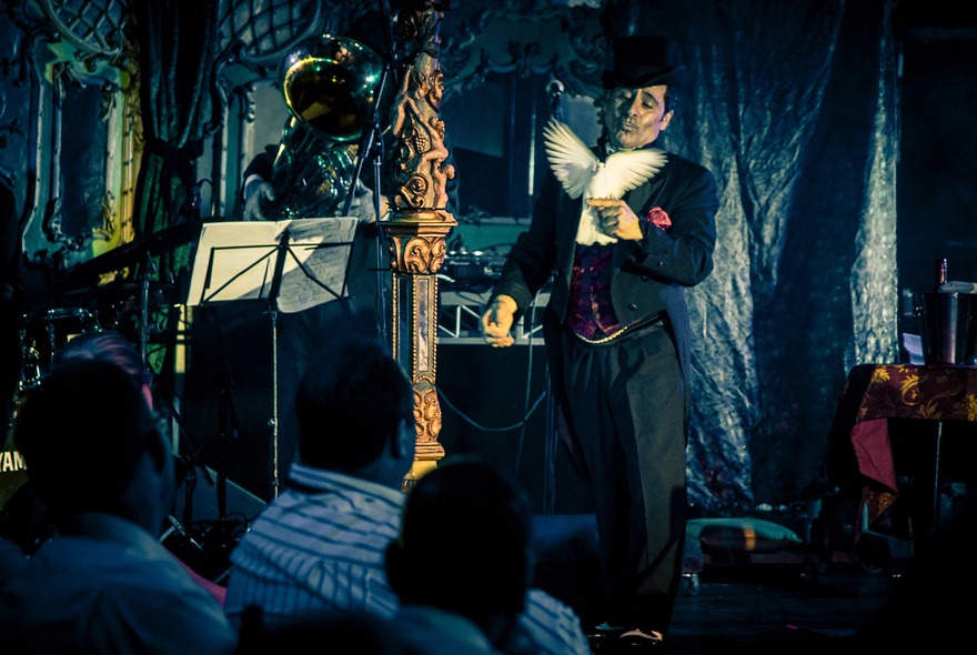 A male magician in a top hat and suit on a  stage, holding a white dove, performing in front of an audience.