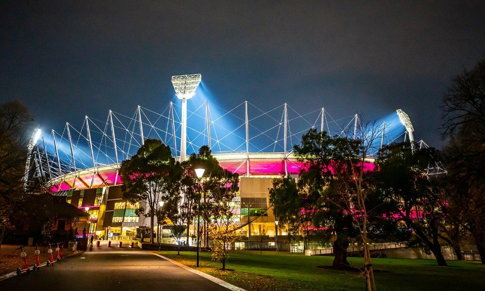 The MCG lit up at night. 