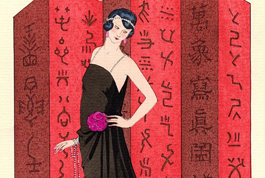 A fashion illustration from the early twentieth century, showing a woman in a loose black dress with thin shoulder straps, a bob haircut, posed against a red screen decorated with black hieroglyphics.