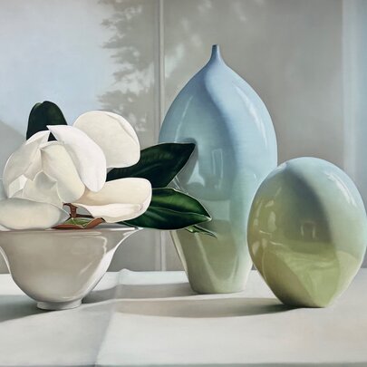 A still life painting by Julie Davidson showing three objects, one holding white magnolias.