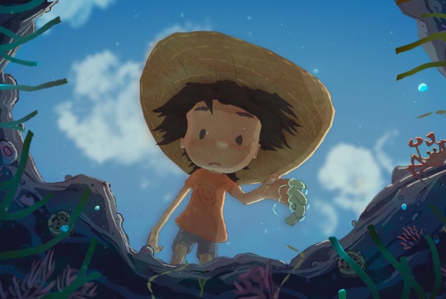 Animated still of a child peering into a rock pool, seen from below.