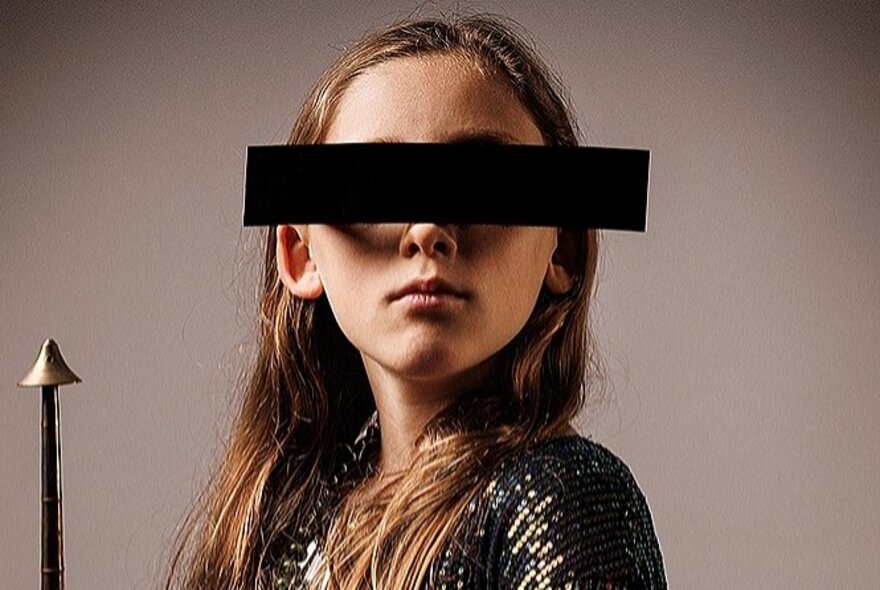 A child holding a spear, her eyes blacked out with tape.