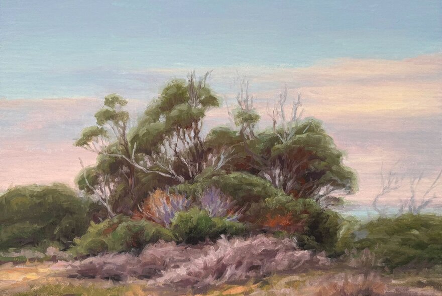 An oil painting of scrubby coastal bushland.