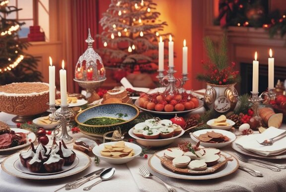 A traditional-looking Christmas dinner spread on a table with candles, a christmas tree in the background; like an old-fashioned Christmas card.