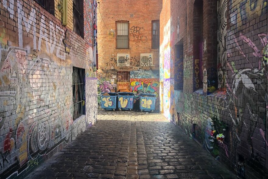 Three blue bins at the end of Queen Street, surrounded by graffiti-style street art.