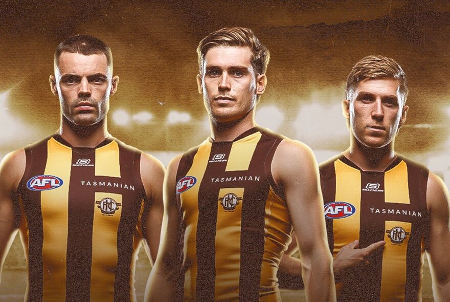 Hawthorn AFL players wearing striped brown and yellow jerseys under stadium lights.