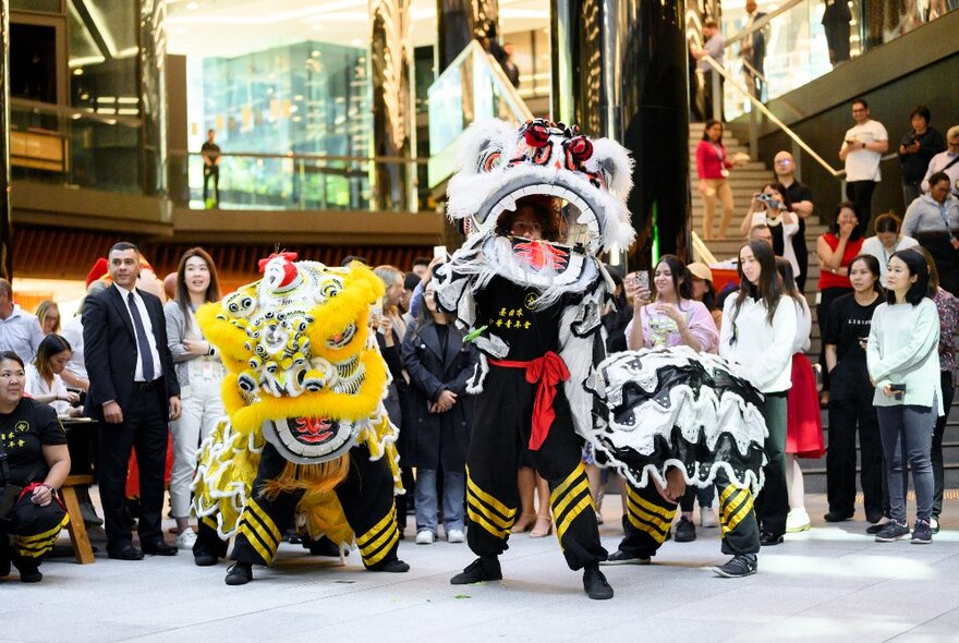 People at Collins Square outdoor plaza watching a lion dance performance as part of Lunar New Year celebrations.