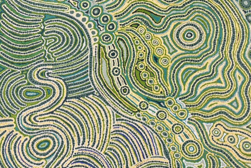 Green toned First Nations traditional painting. 