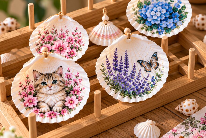 Handmade decoupage seashells on display, used as decorative ornaments or in wind chimes.