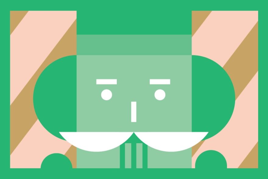 A green and pale pink graphic of a Christmas tin soldier's face in block patterns.