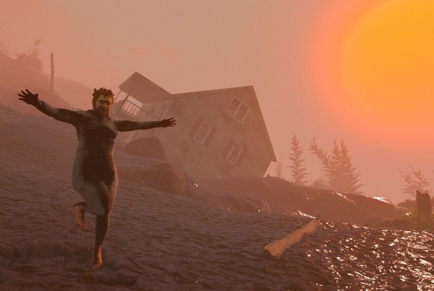 Still from video game Baby Steps, of a person with their arms stretched out either side of them moving through an unreal landscape of water, a sinking house, a blazing sun and haze.