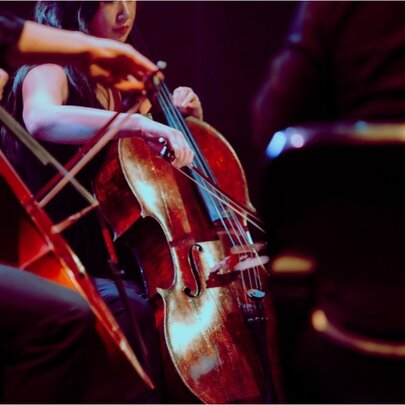 A close up of two cellos being played.