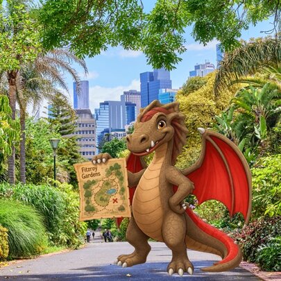 A digitally composited graphic featuring a friendly, cartoonish red dragon character holding a treasure map standing on a paved park pathway. 