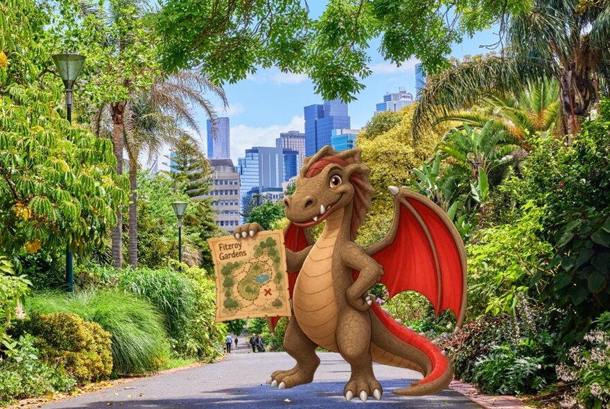 A digitally composited graphic featuring a friendly, cartoonish red dragon character holding a treasure map standing on a paved park pathway. 