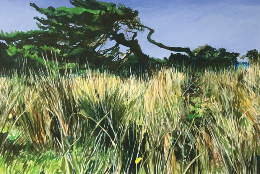Oil painting of windswept coastal trees with long grass in the foreground. 
