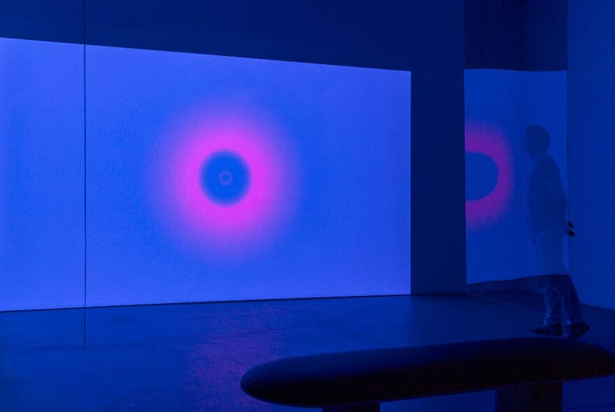 A glowing digital projection of a pink circle on a blue wall, in a gallery space.