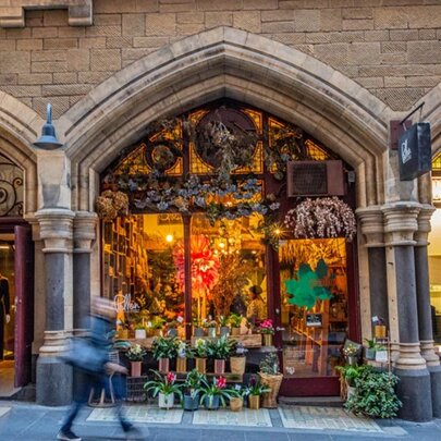 Florist store, set in a classical Victorian stone building.