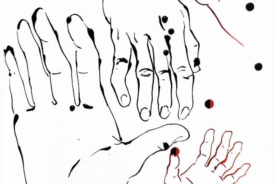 An ink line drawing of hands on white paper.