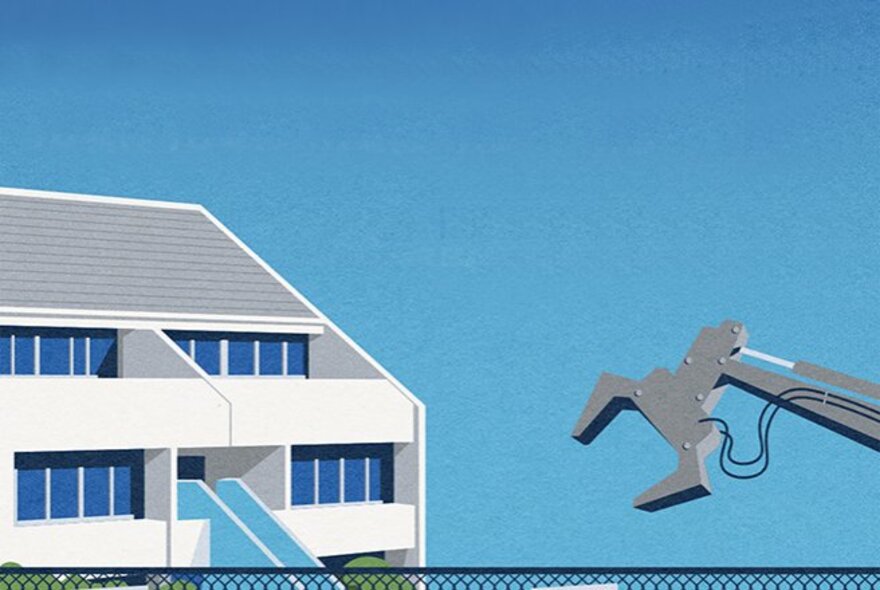 Illustration of a crane looming over a public housing apartment building.