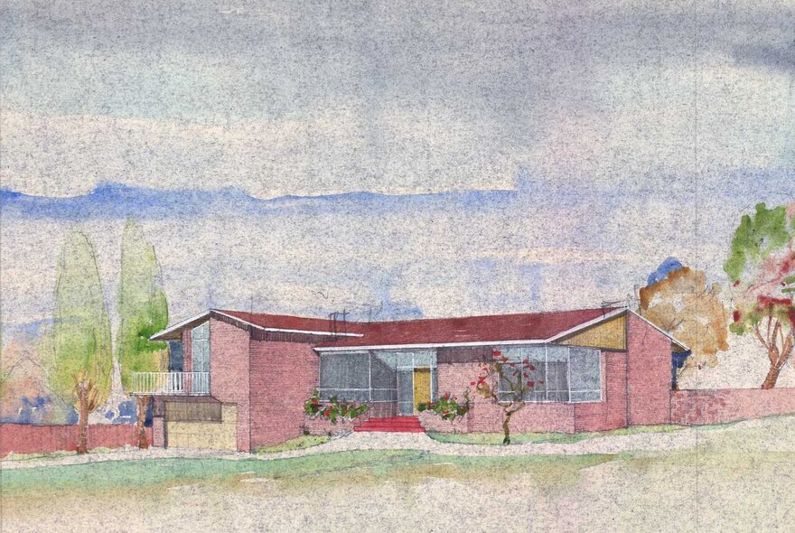 A watercolor of a single-story, mid-century modern house with a low-pitched red roof, situated on a grassy slope with some sparse trees under a partly cloudy sky.