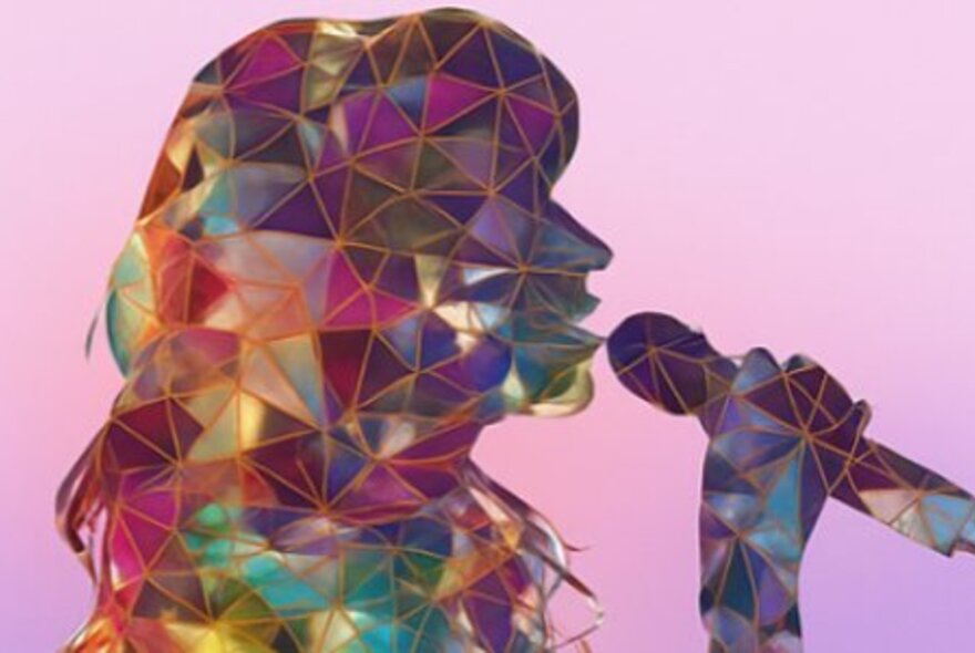 Taylor Swift multicoloured fractured graphic, woman with long hair singing into a microphone.