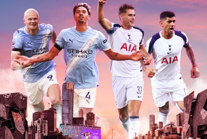 Four English premier league soccer players superimposed over an image of Melbourne's Fed Square skyline at dusk.