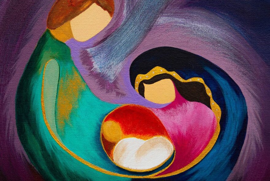 Abstract Nativity scene with green swirl for Joseph, blue swirl for Mary and red swirl for Baby Jesus.