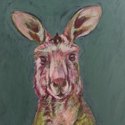 A painting of a red kangaroo against a dark green textured background.