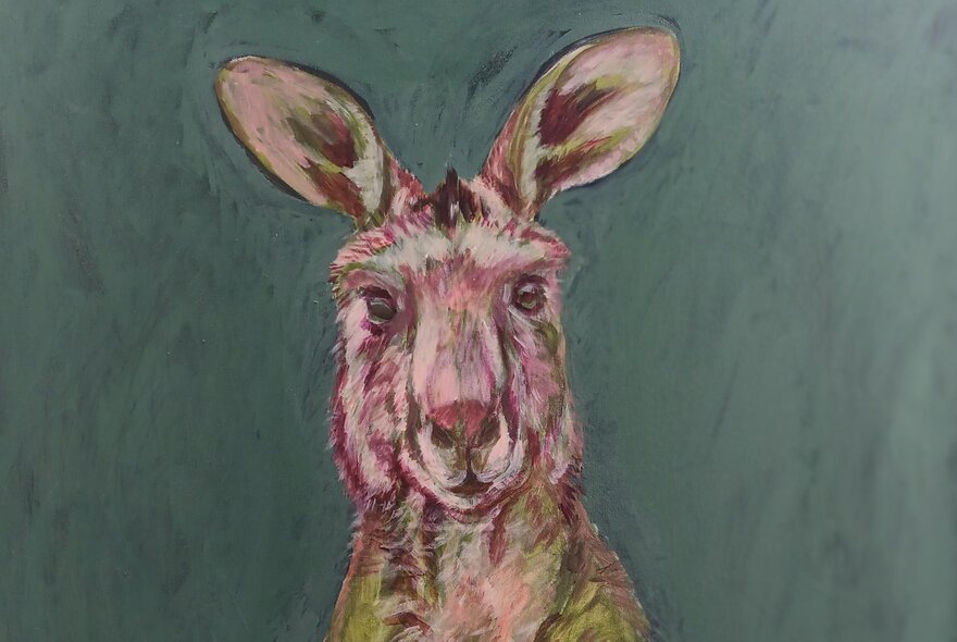 A painting of a red kangaroo against a dark green textured background.