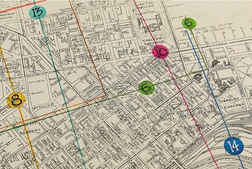 Map of Melbourne with numbered vertical and horizontal grid lines.
