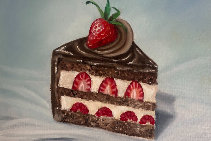 A painting of a slice of cake with halved strawberries between the layers. 
