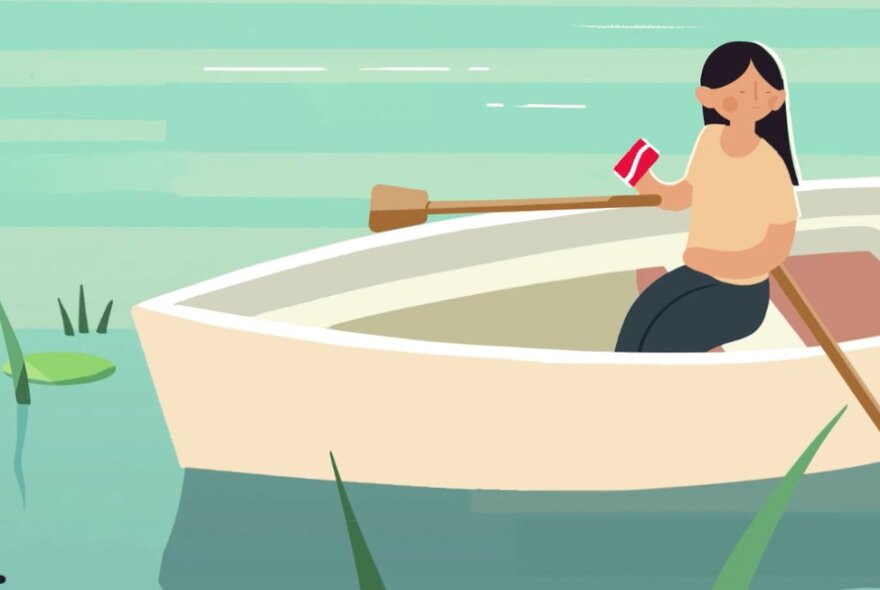 An animated still depicting a person in a rowing boat on a body of water, holding a smartphone in their hand.