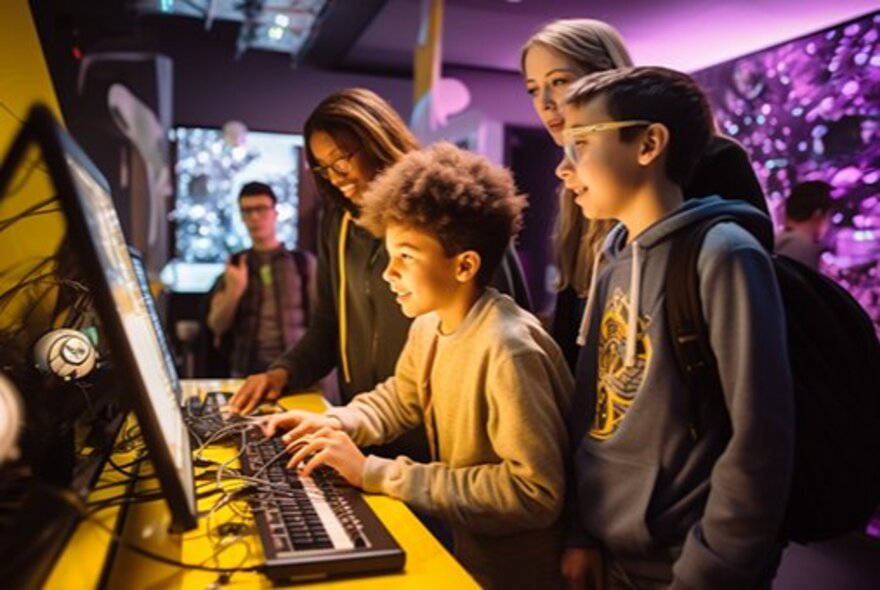 Kids playing on a computer in a computer lab.
