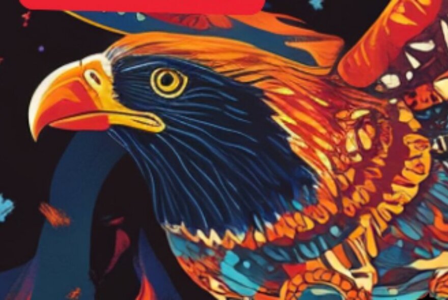 Colourful eagle artwork in reds and blues.