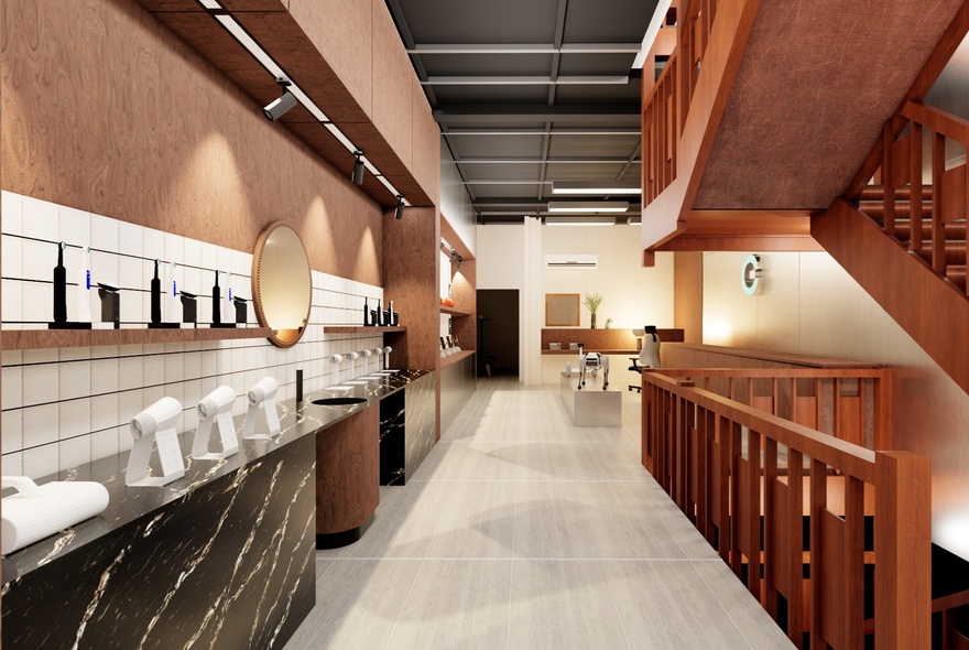 Interior of SilkGear store, featuring a modern design with wood, tile and metal elements and minimal products on display.