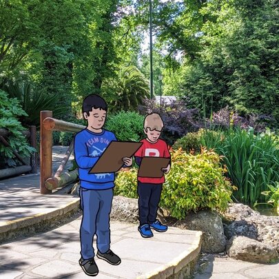 Illustrations of two children with clipboards in (real) garden setting.