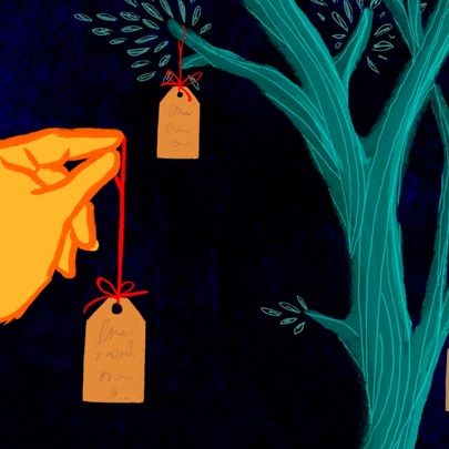 Drawing of an orange hand holding a paper tag by a red string next to a teal tree with other hanging tags on a dark background.